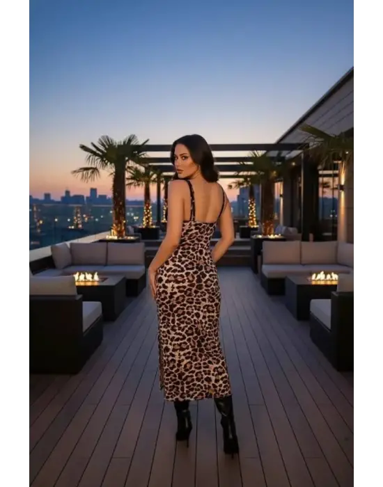 Kadın Dantel Detay Omuz Askılı Leopar Desen Maxi Yırtmaçlı Gloplu Elbise