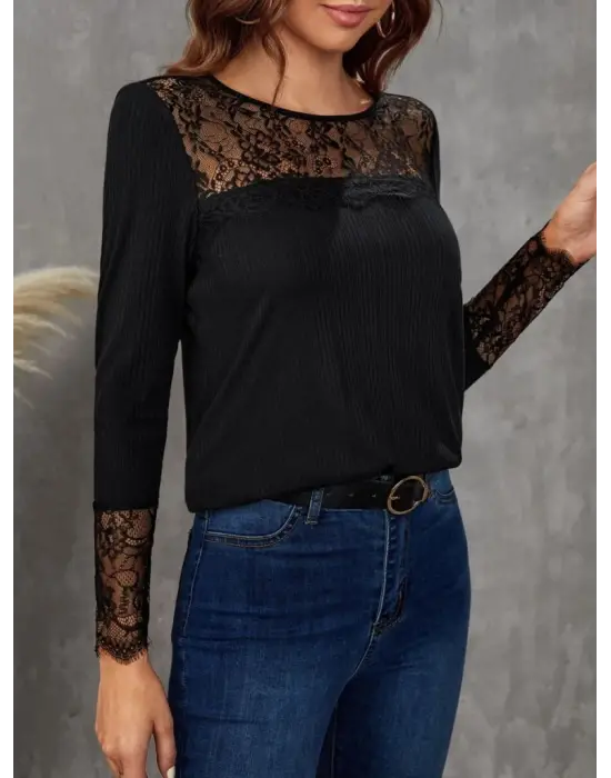 Omarı Şık Kadın Dantel Detaylı Uzun Kollu Bluz