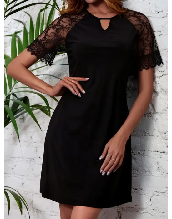 Kadın Dantelli Kısa Kollu Damla Yaka Krep Elbise