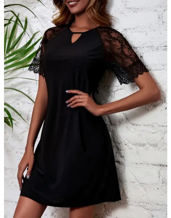 Kadın Dantelli Kısa Kollu Damla Yaka Krep Elbise