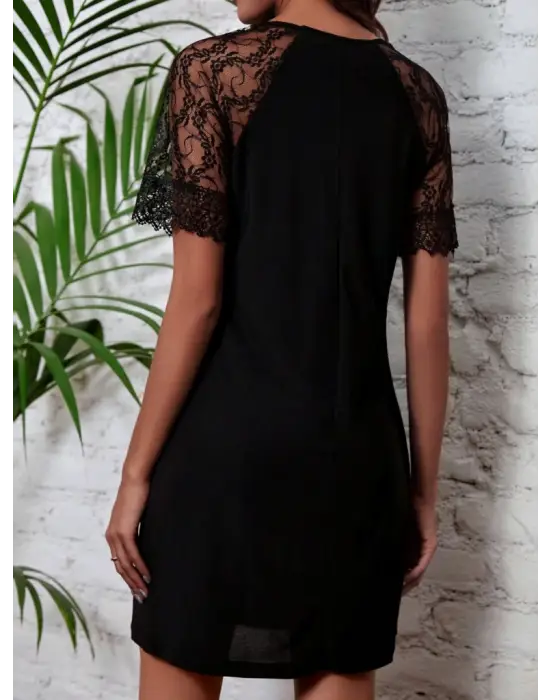 Kadın Dantelli Kısa Kollu Damla Yaka Krep Elbise