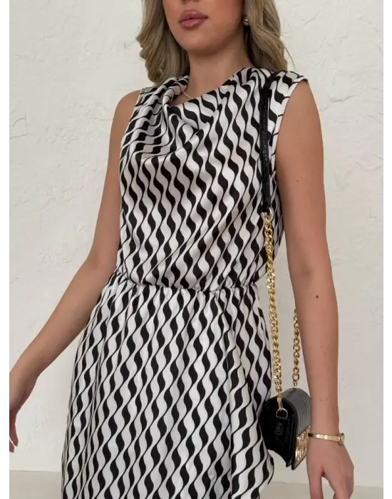 Omarı Degaje Yaka Saten Midi Elbise