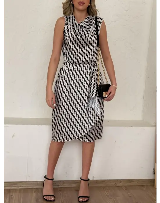 Omarı Degaje Yaka Saten Midi Elbise