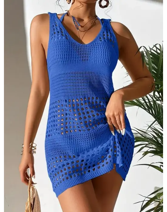 Kadın Delikli örgü Detay Mini Triko Pareo Elbise
