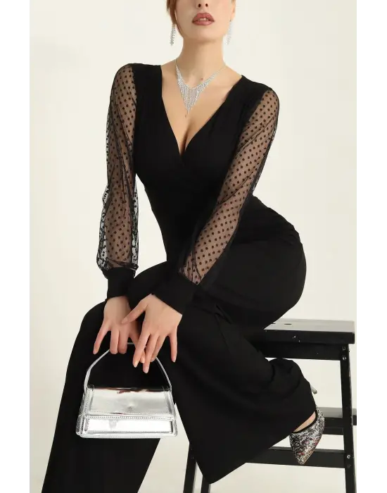 Kadın Derin V Yaka Kolları Puantiyeli Tül Detay Ispanyol Paça Tulum