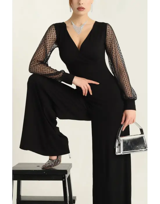 Kadın Derin V Yaka Kolları Puantiyeli Tül Detay Ispanyol Paça Tulum