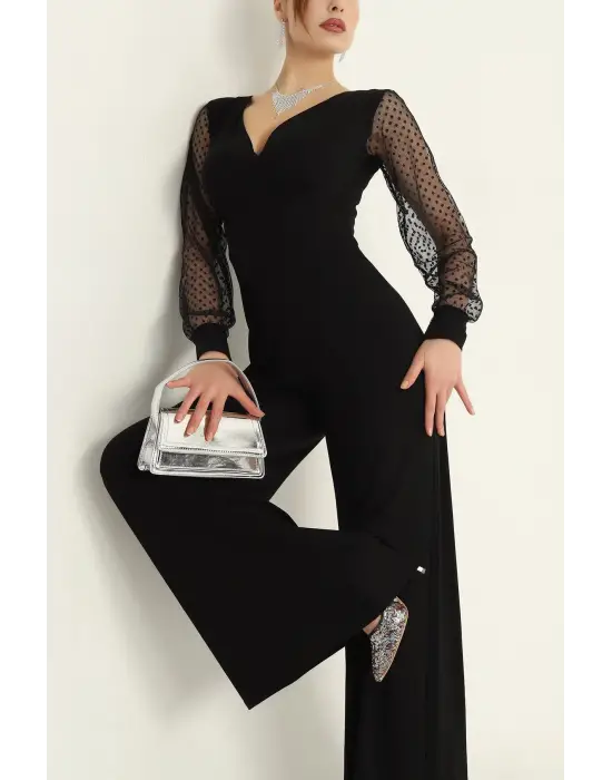 Kadın Derin V Yaka Kolları Puantiyeli Tül Detay Ispanyol Paça Tulum