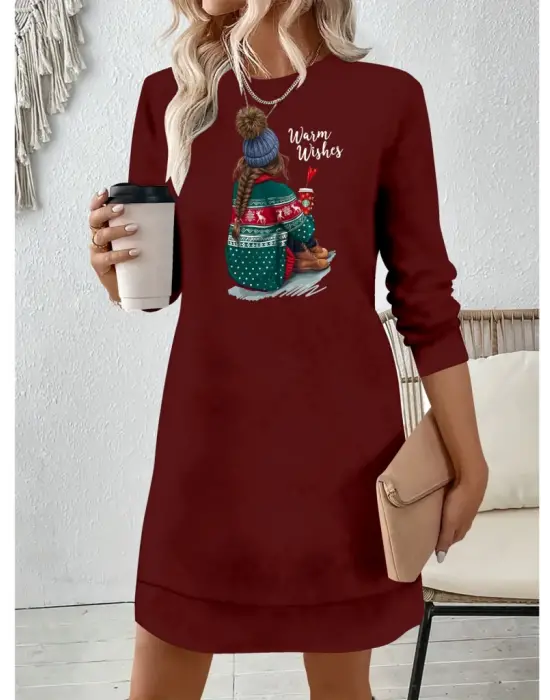 Omarı Modern Desenli Uzun Kollu Kadın Elbisesi