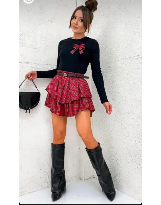 Kadın Dijital Baskılı Dalgıç Kumaş Fıyonk Aksesuarlı Takım