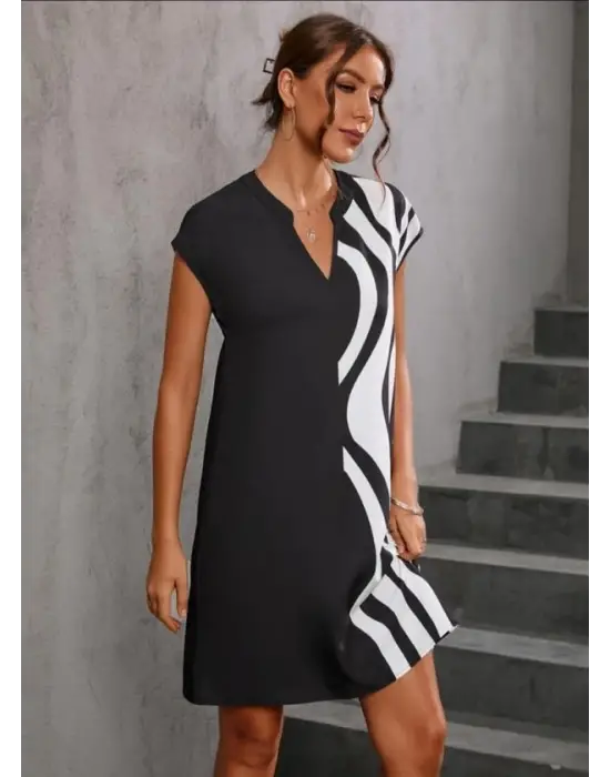 Kadın Dokuma Viskon Kumaş V Yaka Zebra Desenli Elbise