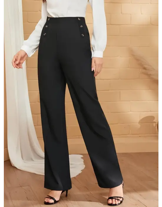 Kadın Düğme Detay Bol Paça Ithal Krep Pantolon