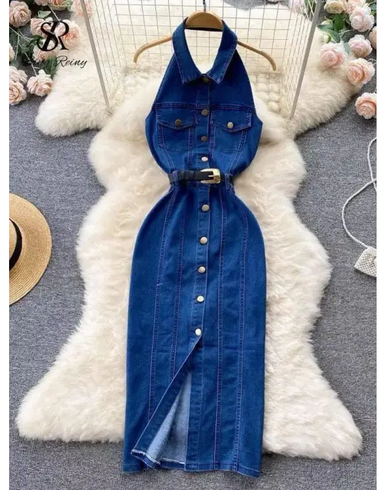 Kadın Düğme Detaylı Belden Kemerli Sırt Dekolte Kot Elbise