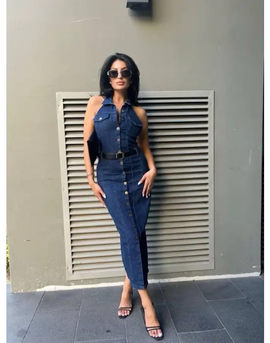 Omarı Yüksek Bel Düğme Detaylı Sırt Dekolte Elbise