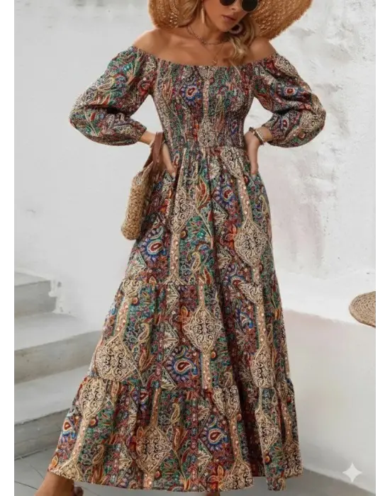 Kadın Düşük Omuzlu Beli Büzgülü Dijital Desenli Kesik Elyaf Süprem Uzun Elbise