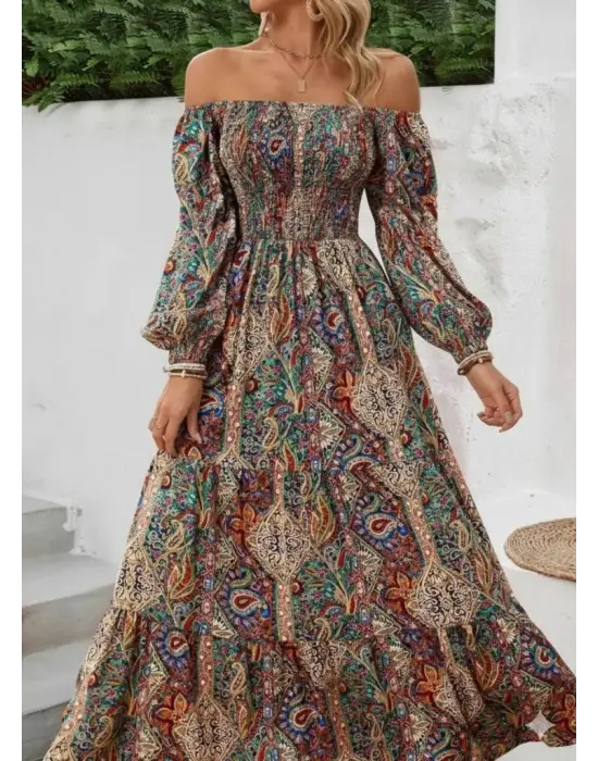 Kadın Düşük Omuzlu Beli Büzgülü Dijital Desenli Kesik Elyaf Süprem Uzun Elbise