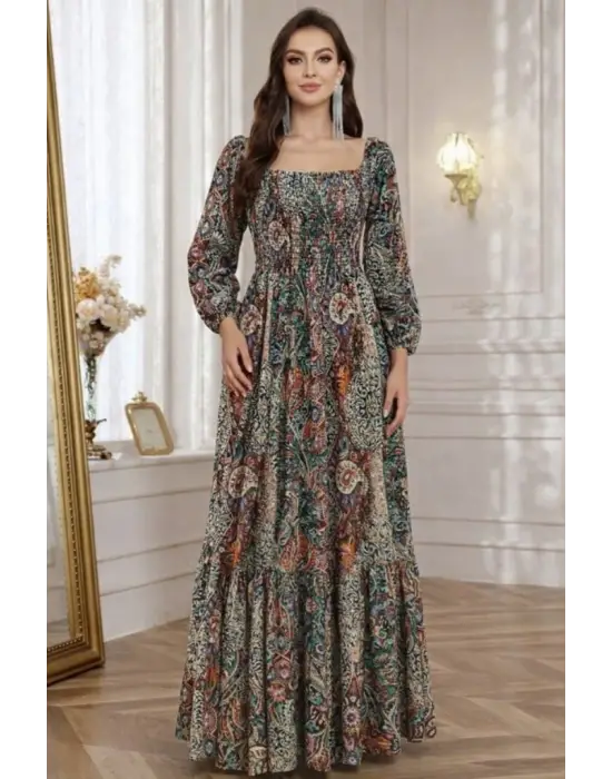 Kadın Düşük Omuzlu Beli Büzgülü Dijital Desenli Kesik Elyaf Süprem Uzun Elbise