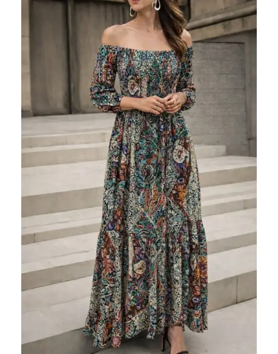 Kadın Düşük Omuzlu Beli Büzgülü Dijital Desenli Kesik Elyaf Süprem Uzun Elbise