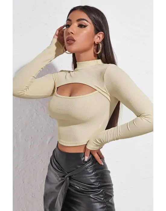 Omarı Ekru Göğüs Dekolteli Uzun Kollu Crop Top Bluz
