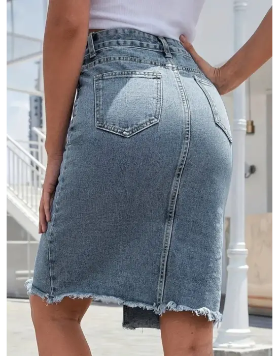 Omarı Yırtık Kenar Detaylı Kot Etek