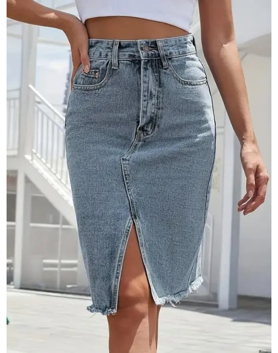 Kadın Elastik Bel Yırtık Kenar Detaylı Kot Etek