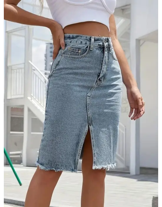 Kadın Elastik Bel Yırtık Kenar Detaylı Kot Etek