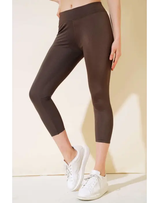 Omarı Esnek Yüksek Bel Uzun Kahverengi Disco Tayt