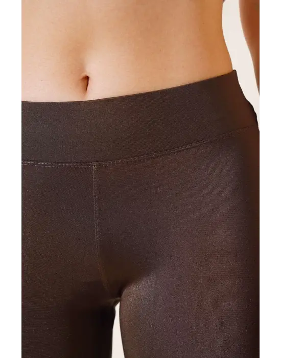 Omarı Esnek Yüksek Bel Uzun Kahverengi Disco Tayt