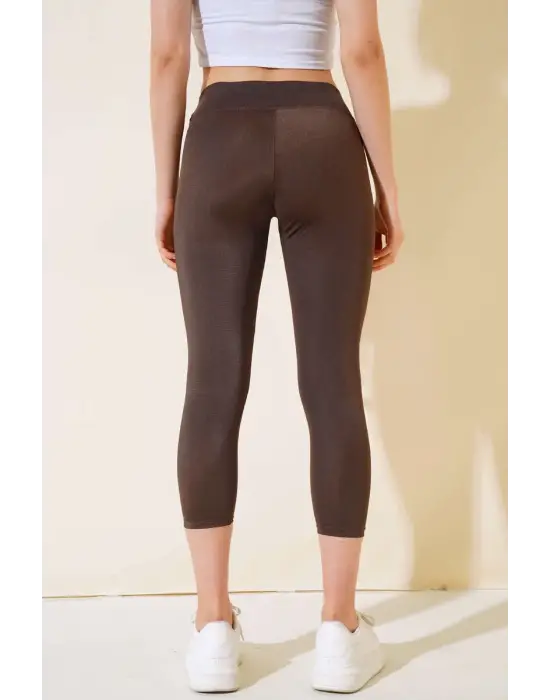 Omarı Esnek Yüksek Bel Uzun Kahverengi Disco Tayt