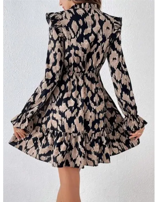 Kadın Eteği Fırfırlı, Önden Bağcıklı V Yaka Süprem Elbise