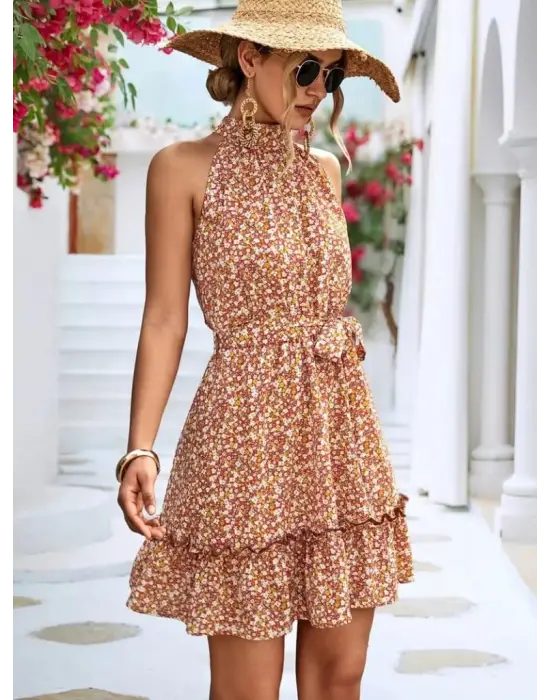 Omarı Volan Detaylı Halter Yaka Elbise