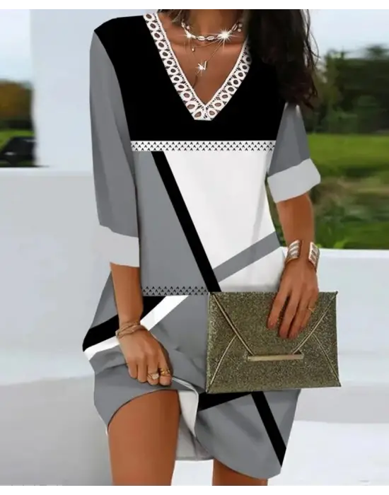 Kadın Fakir Kollu V Dantel Yaka Geometrik Desenli Dalgıç Elbise