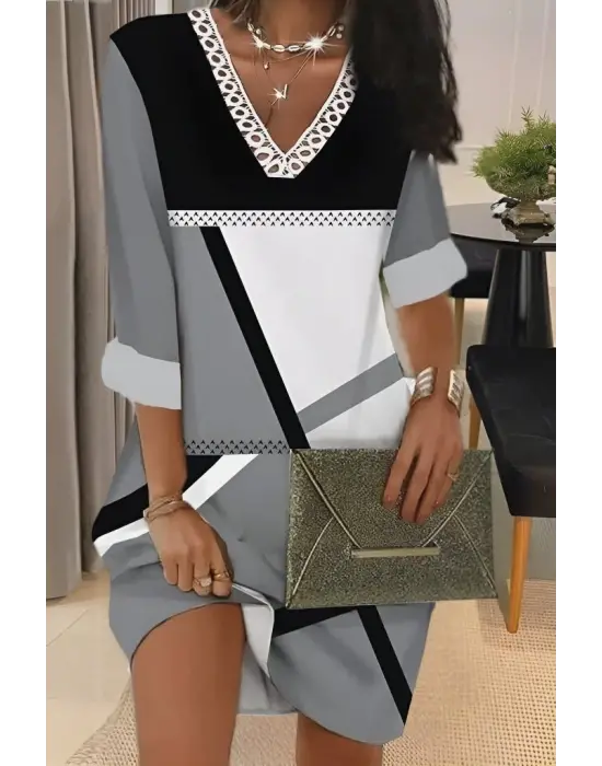 Kadın Fakir Kollu V Dantel Yaka Geometrik Desenli Dalgıç Elbise