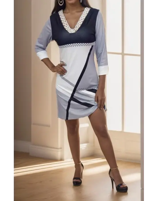 Kadın Fakir Kollu V Dantel Yaka Geometrik Desenli Dalgıç Elbise