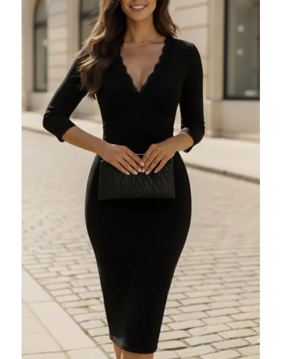 Kadın Fakir Kollu V Yakalı Dantel Detaylı Midi Janjan Krep Elbise