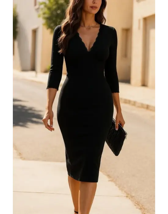 Kadın Fakir Kollu V Yakalı Dantel Detaylı Midi Janjan Krep Elbise