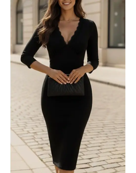 Kadın Fakir Kollu V Yakalı Dantel Detaylı Midi Janjan Krep Elbise