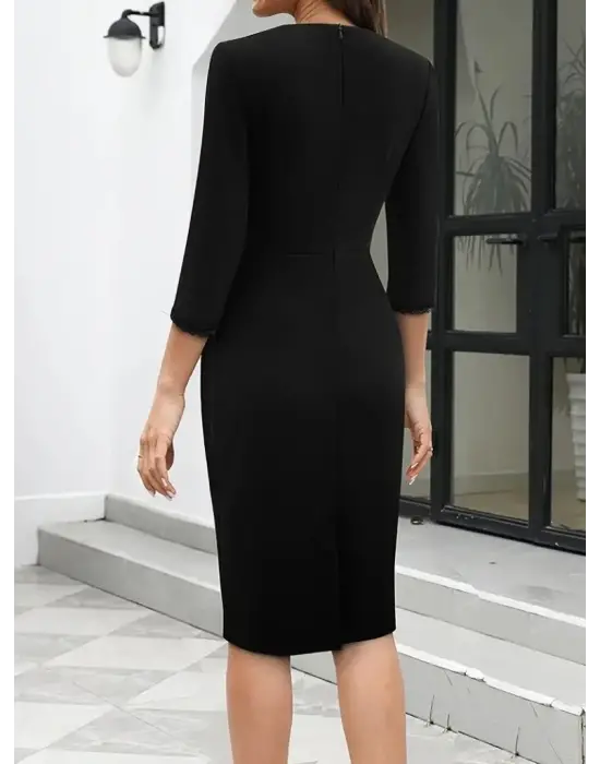 Kadın Fakir Kollu V Yakalı Dantel Detaylı Midi Janjan Krep Elbise