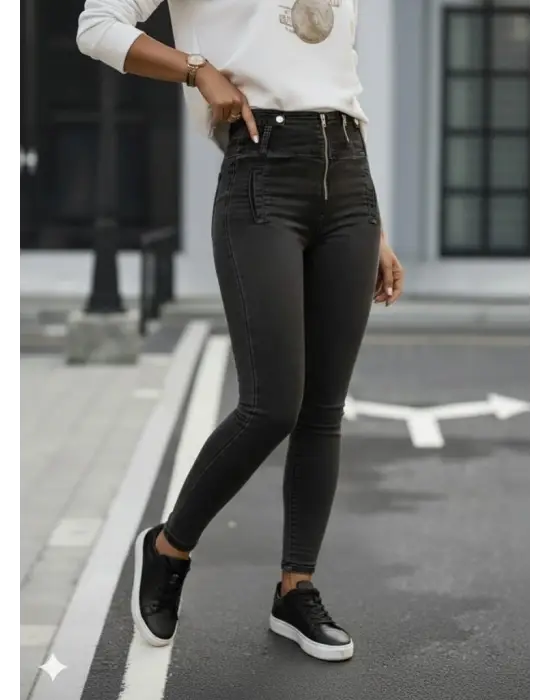 Kadın Fermuar Detay Yüksek Kemerli Kot Pantolon