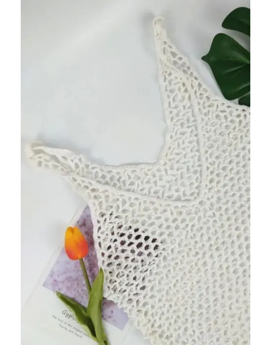 Omarı Şeffaf File Desenli Askılı Triko Pareo