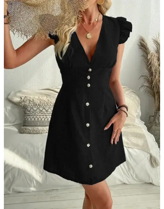 Kadın Fırfır Kollu V Yakalı Düğmeli Keten Elbise