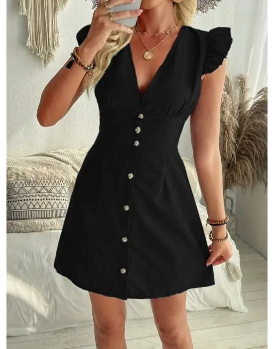 Kadın Fırfır Kollu V Yakalı Düğmeli Keten Elbise