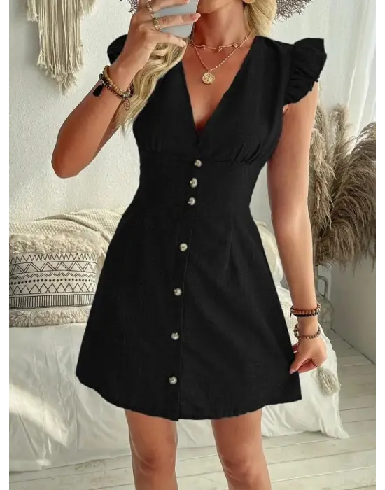 Kadın Fırfır Kollu V Yakalı Düğmeli Keten Elbise