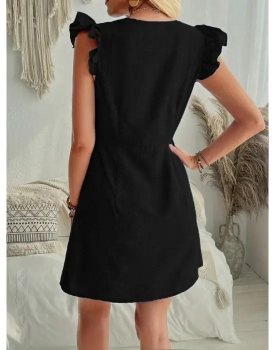 Kadın Fırfır Kollu V Yakalı Düğmeli Keten Elbise