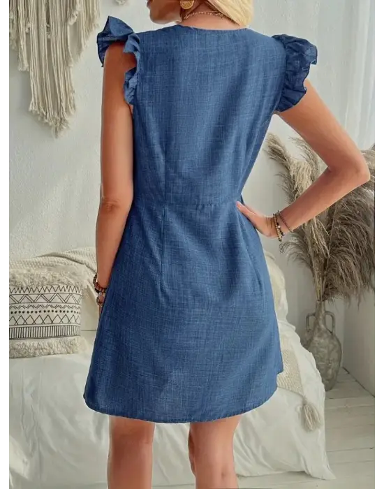 Omarı Fırfır Detaylı V Yakalı Keten Elbise