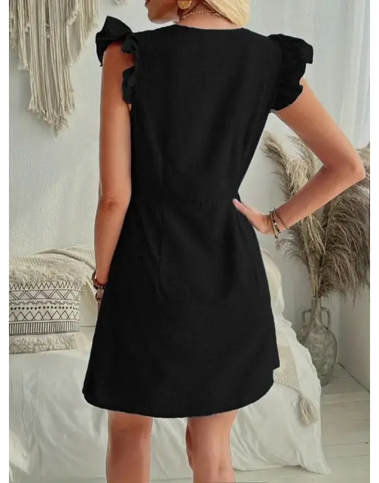 Kadın Fırfır Kollu V Yakalı Düğmeli Keten Elbise