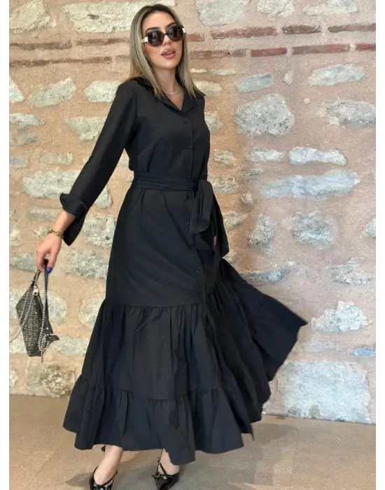 Omarı Trikoton Fırfırlı Beli Kuşaklı Kadın Gömlek Elbise