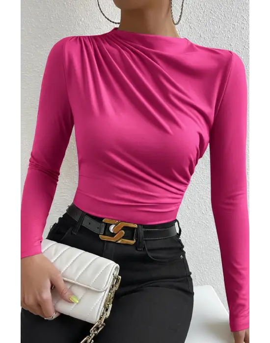 Kadın Fuşya Belden ve Boyundan Büzgü Detaylı Uzun Kollu Bluz