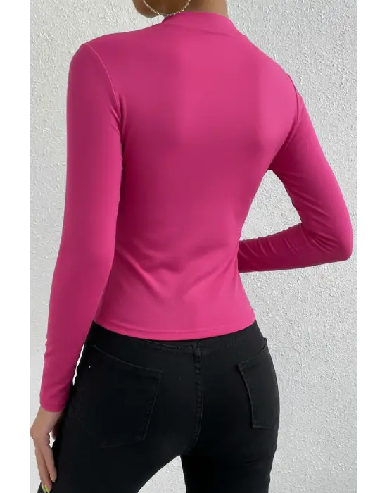 Kadın Fuşya Belden ve Boyundan Büzgü Detaylı Uzun Kollu Bluz