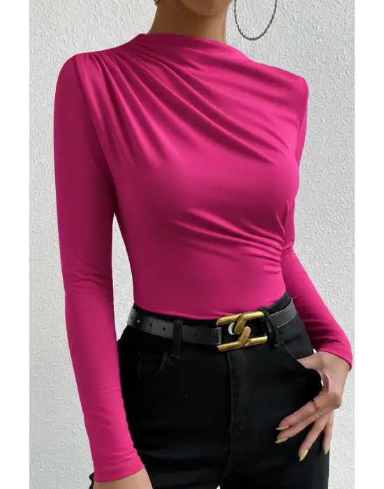 Kadın Fuşya Belden ve Boyundan Büzgü Detaylı Uzun Kollu Bluz