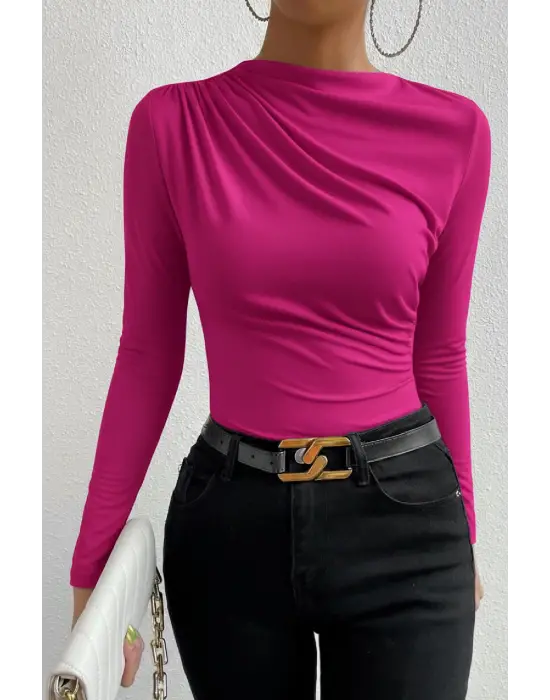 Kadın Fuşya Belden ve Boyundan Büzgü Detaylı Uzun Kollu Bluz